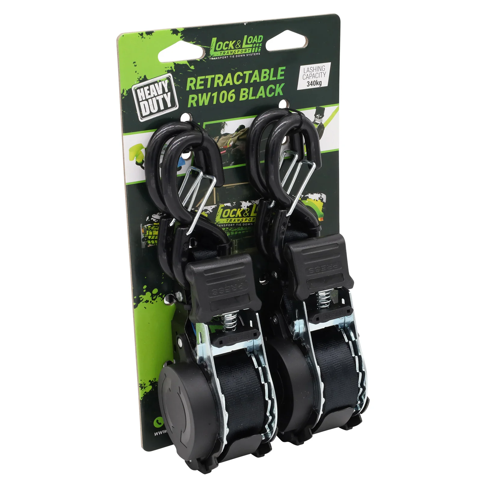 Pair of Black Retractable Ratchet Straps with Safety Clips 25mm Wide 3.6m Long - RW106 - Image 9