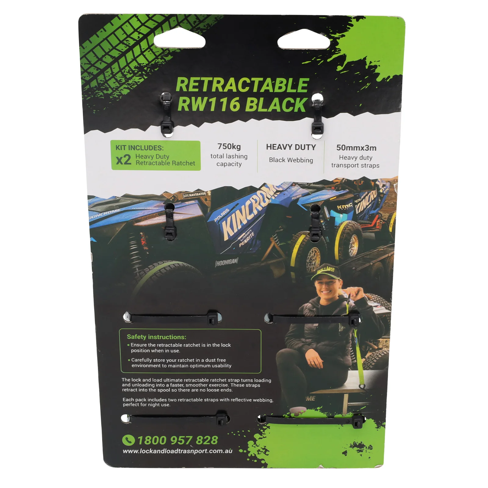 Pair of Black Retractable Ratchet Straps with Safety Clips 50mm Wide 3m Long - RW116 - Image 11
